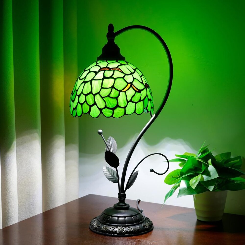 Tiffany Style Table Lamp Handcrafted Stained Glass lamp 20" H Small Green Leaf